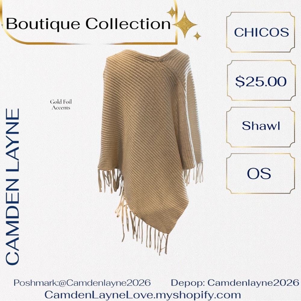 Chico's Cream Shawl Cape with Gold Accents - Picture 6 of 7